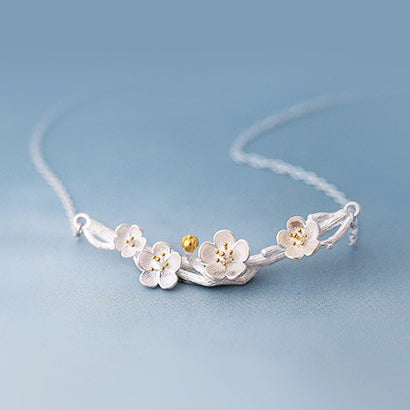 Sterling silver sakura flower necklace Flower neclace Silver necklace for women (Side view)