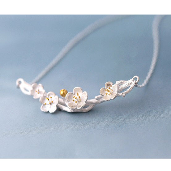 Sterling silver sakura flower necklace Flower neclace Silver necklace for women (Side view)