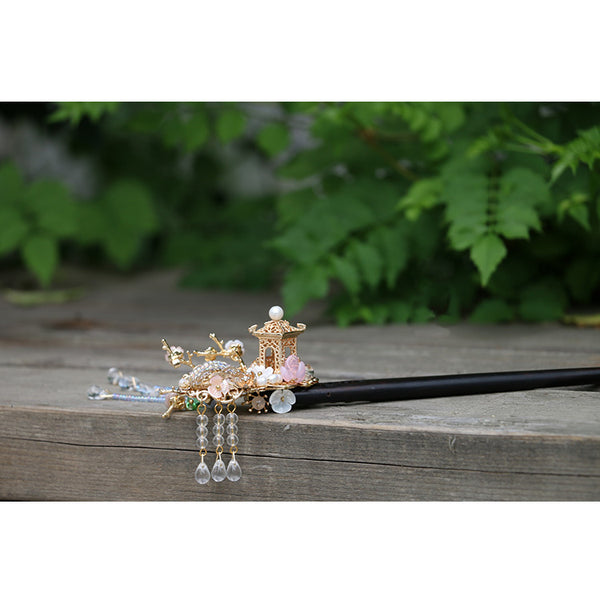 HANDMADE Women Hair Pin Chinese Japanese Pavilion Pearl Hairpin Wood Stick NEW