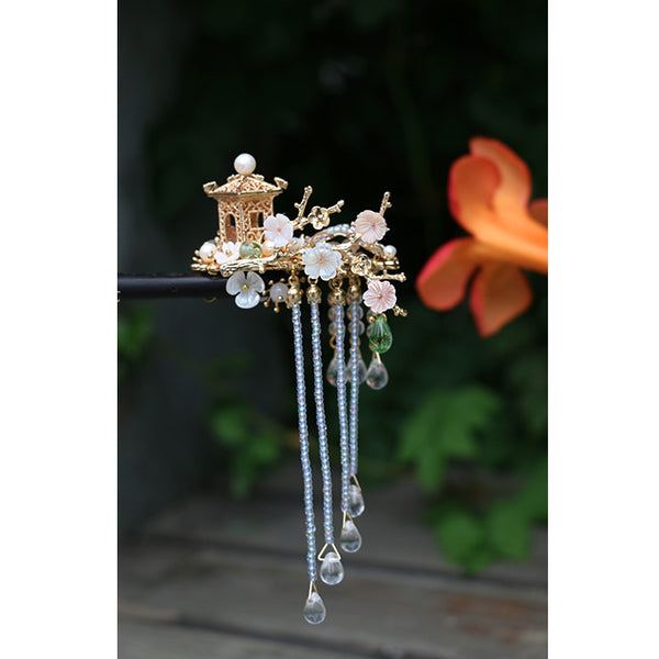 HANDMADE Women Hair Pin Chinese Japanese Pavilion Pearl Hairpin Wood Stick NEW