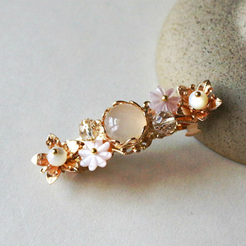 Asian style flower barrette with white agate