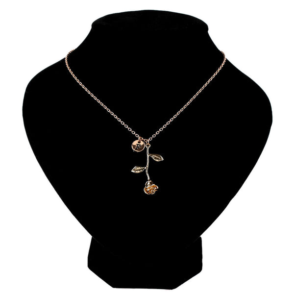 Rose necklace for women with initial, demo on model