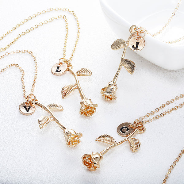 Three "Beauty and the Beast" Dainty rose necklace with initial