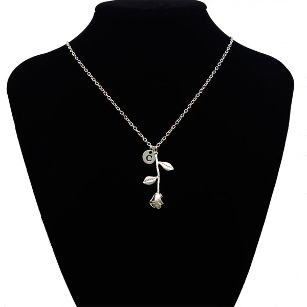 Rose necklace for women with initial, demo on model 2