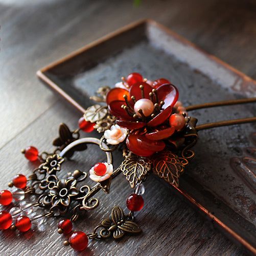 tassels with red agate beads