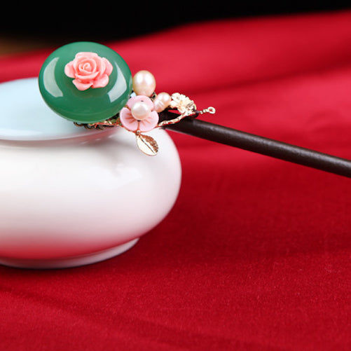 green agate pink pearl wood hair stick