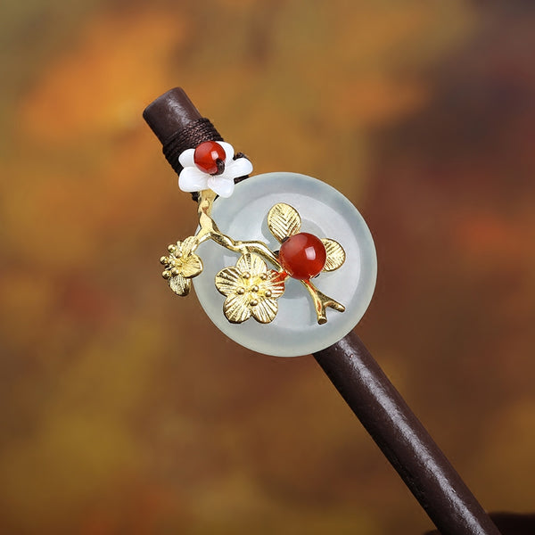 HANDMADE Women Hair Pin Flower Green Jade red agate Wood Hairpin Stick NEW