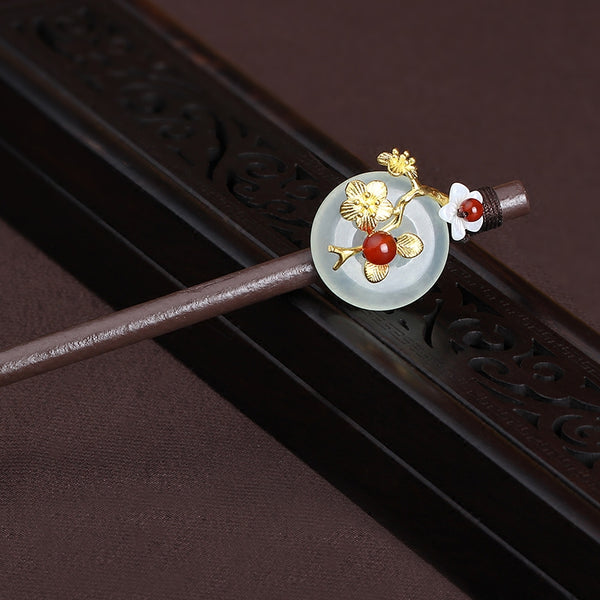 HANDMADE Women Hair Pin Flower Green Jade red agate Wood Hairpin Stick NEW