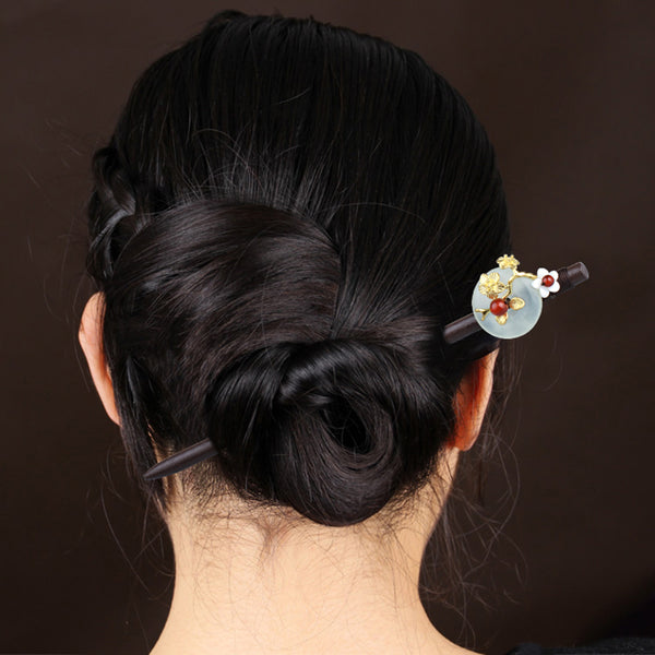 HANDMADE Women Hair Pin Flower Green Jade red agate Wood Hairpin Stick NEW