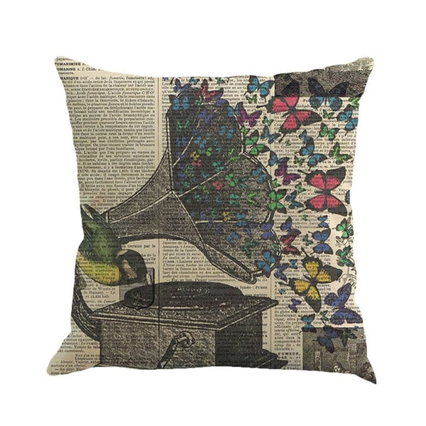Butterfly Fantasies -- Linen floral cushion covers (gramophone and butterflies)