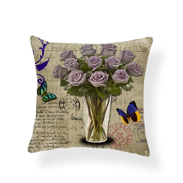 Dragonflies and Butterflies -- Vintage style floral cushion covers  (purple roses and butterfly)