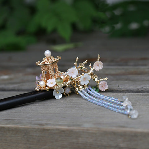 HANDMADE Women Hair Pin Chinese Japanese Pavilion Pearl Hairpin Wood Stick NEW