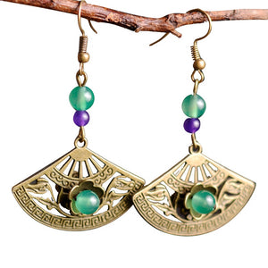 Oriental style jewelry, fan-shaped earrings with agate beads