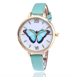 Butterfly watches for ladies, with slim leather straps, in turquoise color