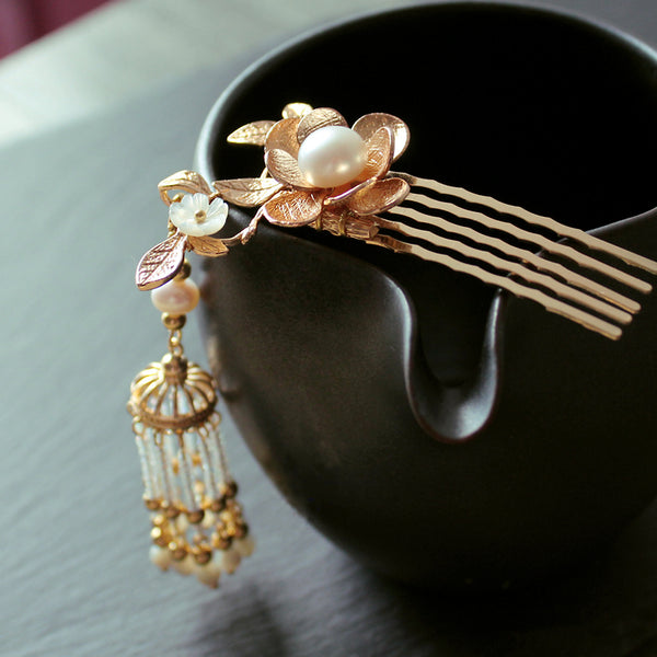 HANDMADE Women Hair Pin Comb Gold Flower Pearl Tassels Chinese Hairpin