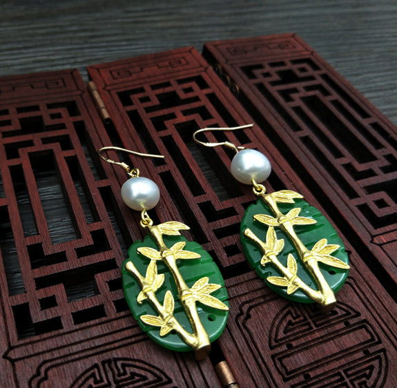 Women Earrings Green Jade Bamboo 925 sterling silver 18K gold plated