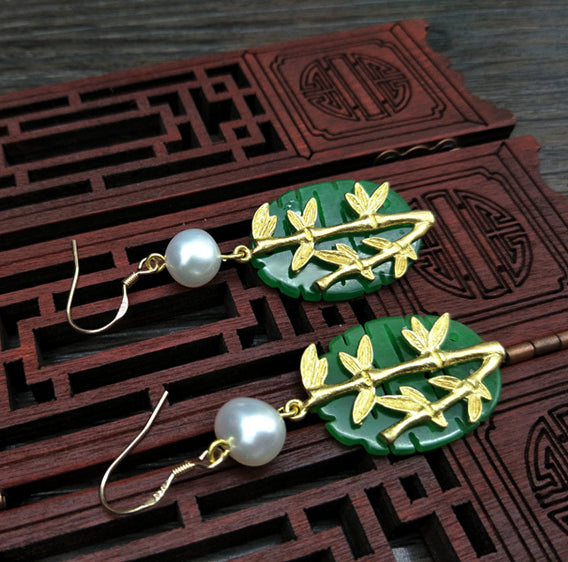 Women Earrings Green Jade Bamboo 925 sterling silver 18K gold plated