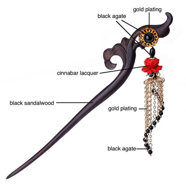 details of the hairpin. It is made of black sandalwood, black agate and precious gold plating