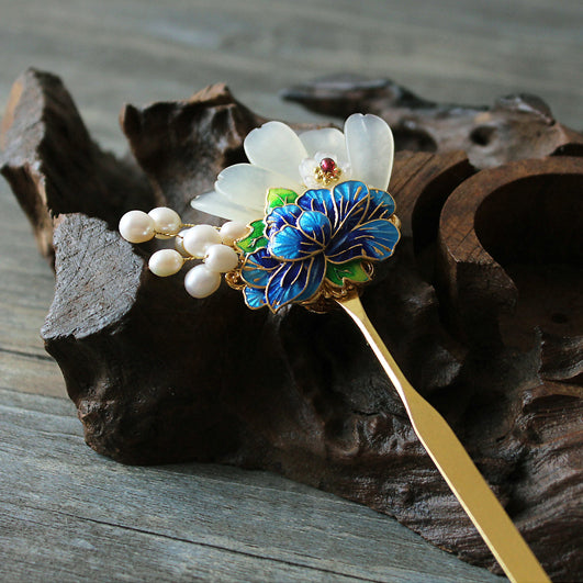 Chinese hair sticks, decorated with pearls and enamel cloisoone etc.