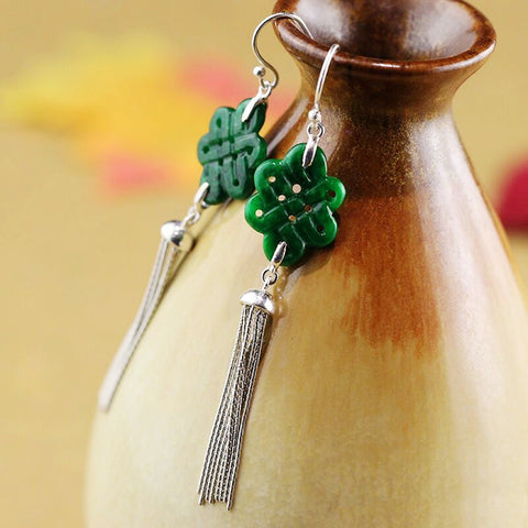 Sterling silver long earrings, with green jade Chinese knots