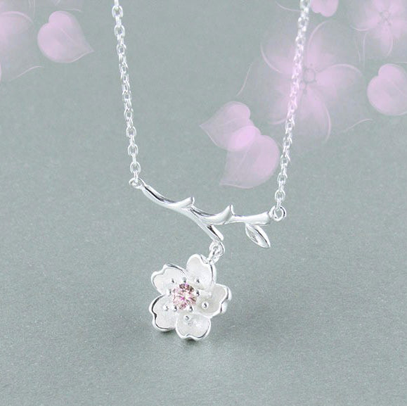 Dangling sakura flower necklace Sterling silver necklace for women Cheap neclace (front view)