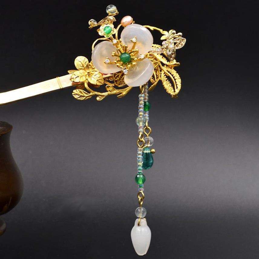 Chinese hair stick with agate flowers and 24K gold plating