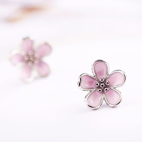 Sakura pink flower earrings Sterling silver stud earrings for women Cheap earring