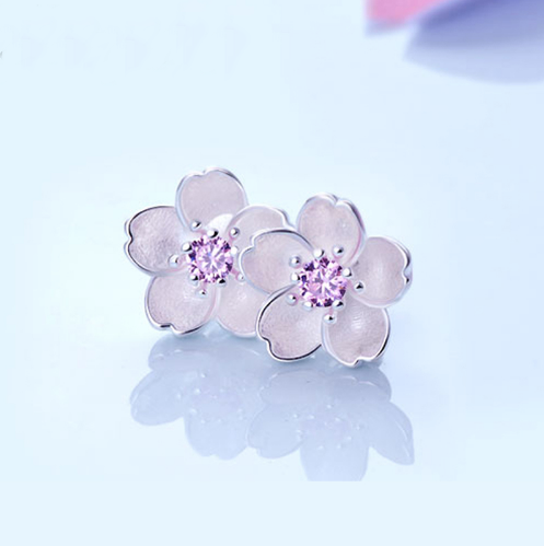 Shining sakura flower earrings Sterling silver stud earrings for women Cheap ear rings (pink view)