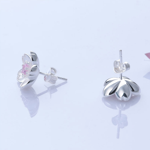 Shining sakura flower earrings Sterling silver stud earrings for women Cheap ear rings (back view)