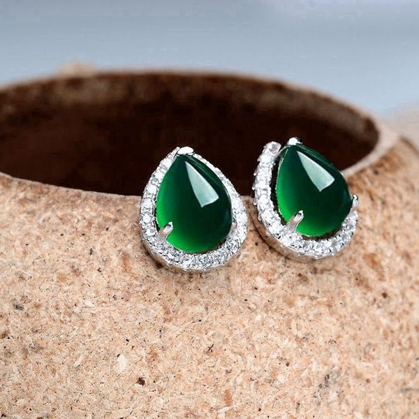 Women Jewelry Earrings Teardrop Green Agate Crystal 925 sterling silver Ear Stud