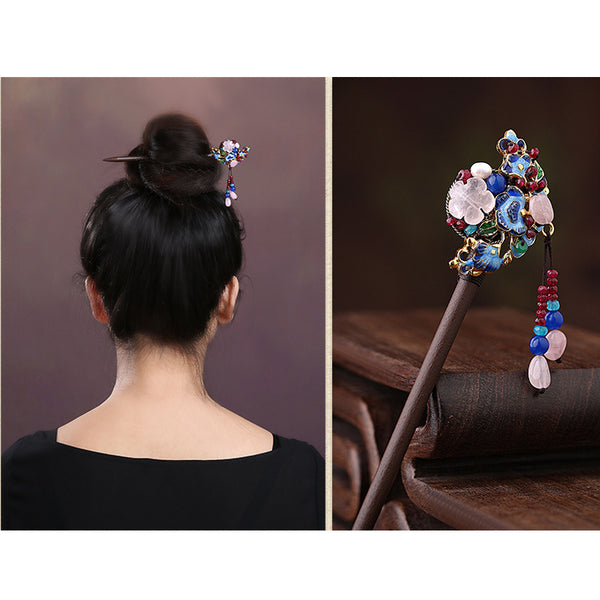 HANDMADE Women Hair Pin Flower crystal cloisonné Tassel Wood Hairpin Stick