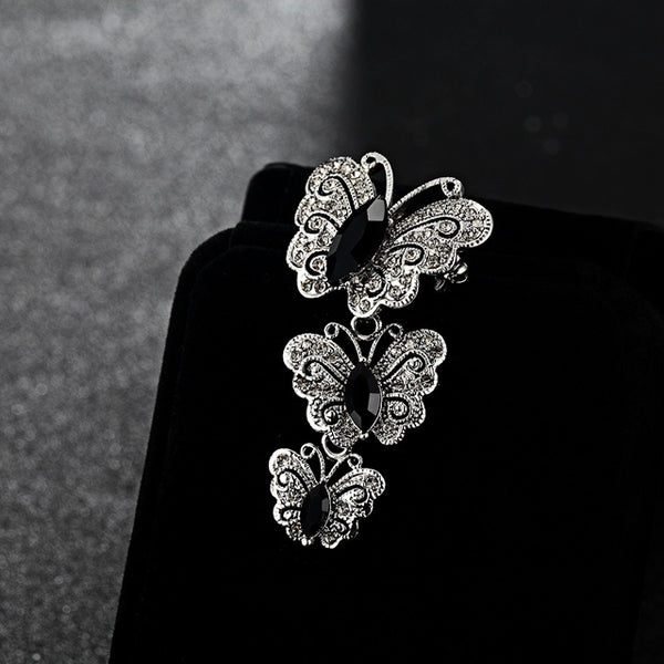 Brooch for women with three butterflies, with black rhinestone