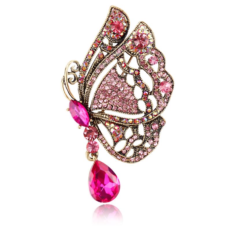 butterfly brooch pin with pink rhinestone crystal