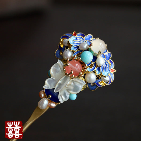 Butterfly hair pin with enamel cloisonne flowers
