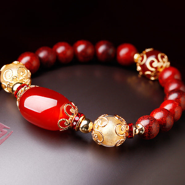 charm bracelet for women, with red agate beads and stained glass. Elegant, beautiful.