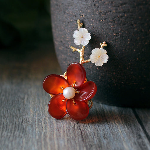 HANDMADE Women Brooch Scarf Pin Sakura Flower Agate Pearl 24K gold plated NEW