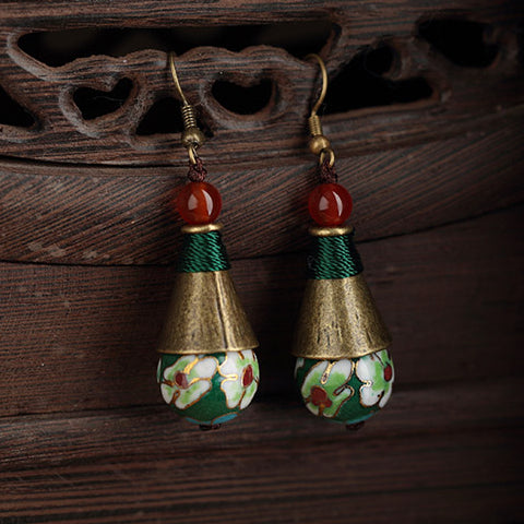dangle earrings with enamel cloisonne and red agate beads