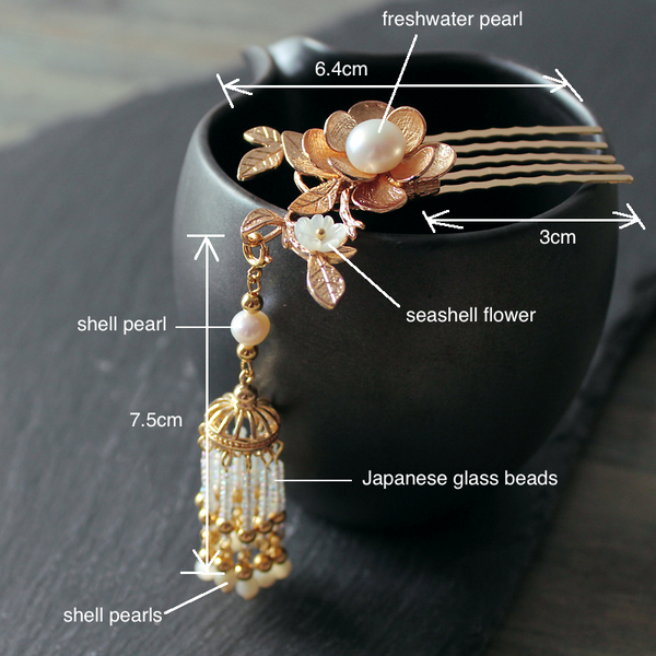 details: this kanzashi is made of quality metal parts, shell pearls, seashell, and glass beads