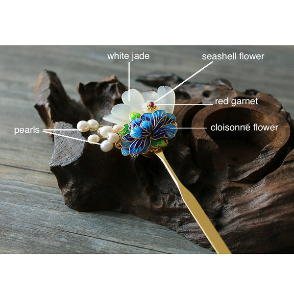 this hair pin is made of high quality alloy, white jade, garnet, seashell, pearls and enamel cloisonne