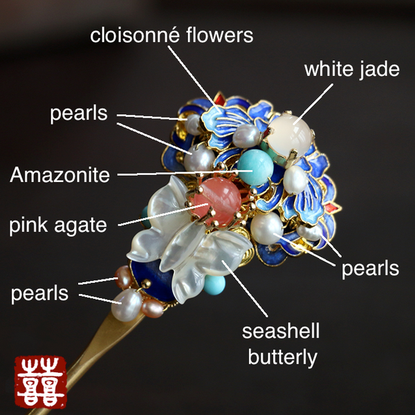 Details of the hair pin: it is made of quality copper alloy, agate beads, pearls, white jade, seashell and enamel cloisonne