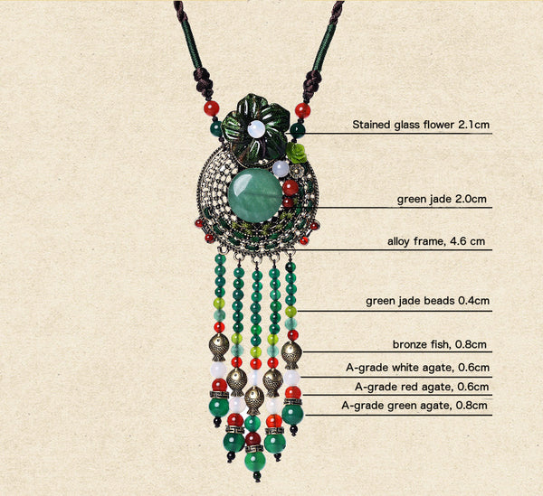 The necklace is made of stained glass, green jade, agate and quality alloy metal parts