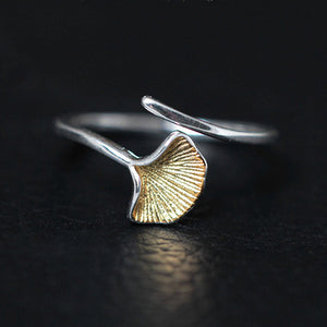 Sterling silver rings for women, in shape of a Japanese ginkgo leaf. Plated with 24K gold