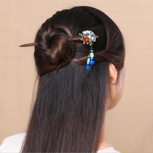HANDMADE Women Hair Pin Japanese Fan Pearl Tassels Classic Hairpin Wood Stick