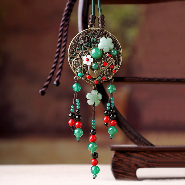 green agate long necklace for women, wit long tassels