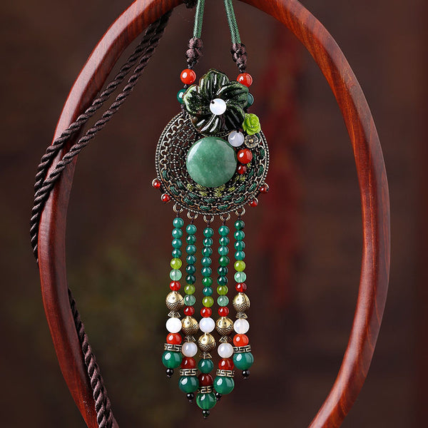 Long necklace for women, with green jade, agate and long tassels
