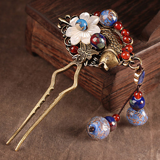hair fork with glass beads, agate and seashell decorations