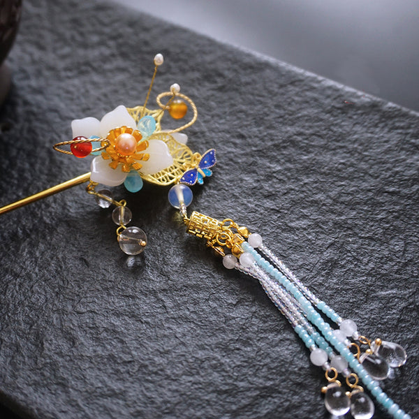 hair stick with agate flower and long tassels