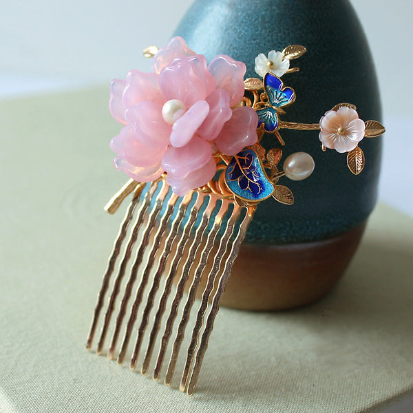 HANDMADE Women Hair Pin Comb Pink Flower Pearl Chinese enamel cloisonné