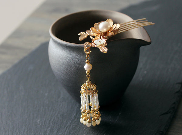 HANDMADE Women Hair Pin Comb Gold Flower Pearl Tassels Chinese Hairpin