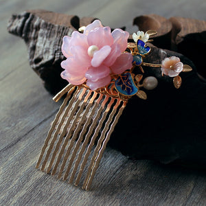 kanzashi hair comb with pink glass flower